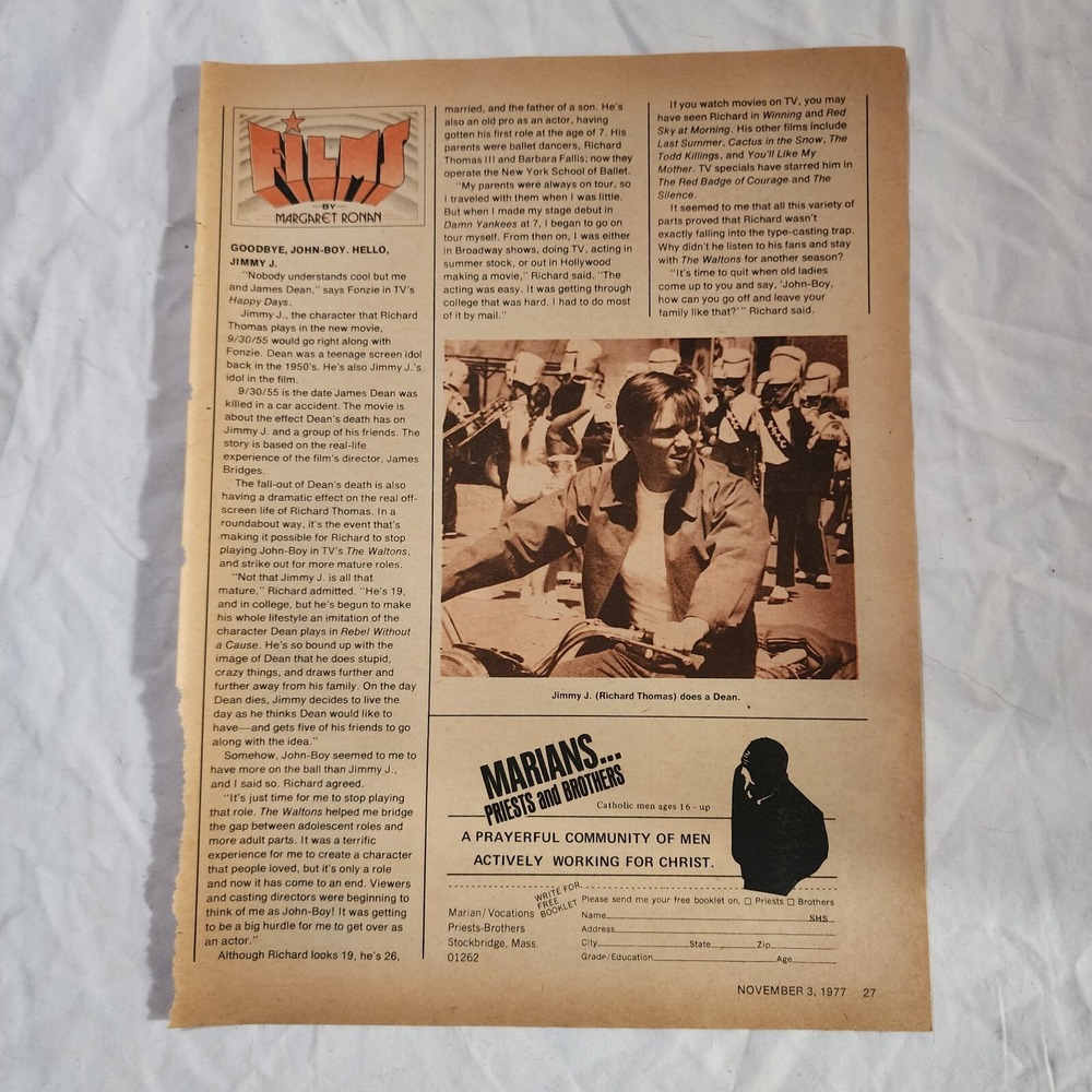 Richard Thomas Scholastic Scope Magazine Article Clipping 11/3/77 Vintage 8x10